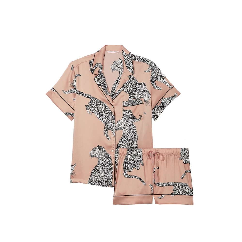 Victoria’s Secret Satin Short Pajama Set Evening Blush Leopards Pink